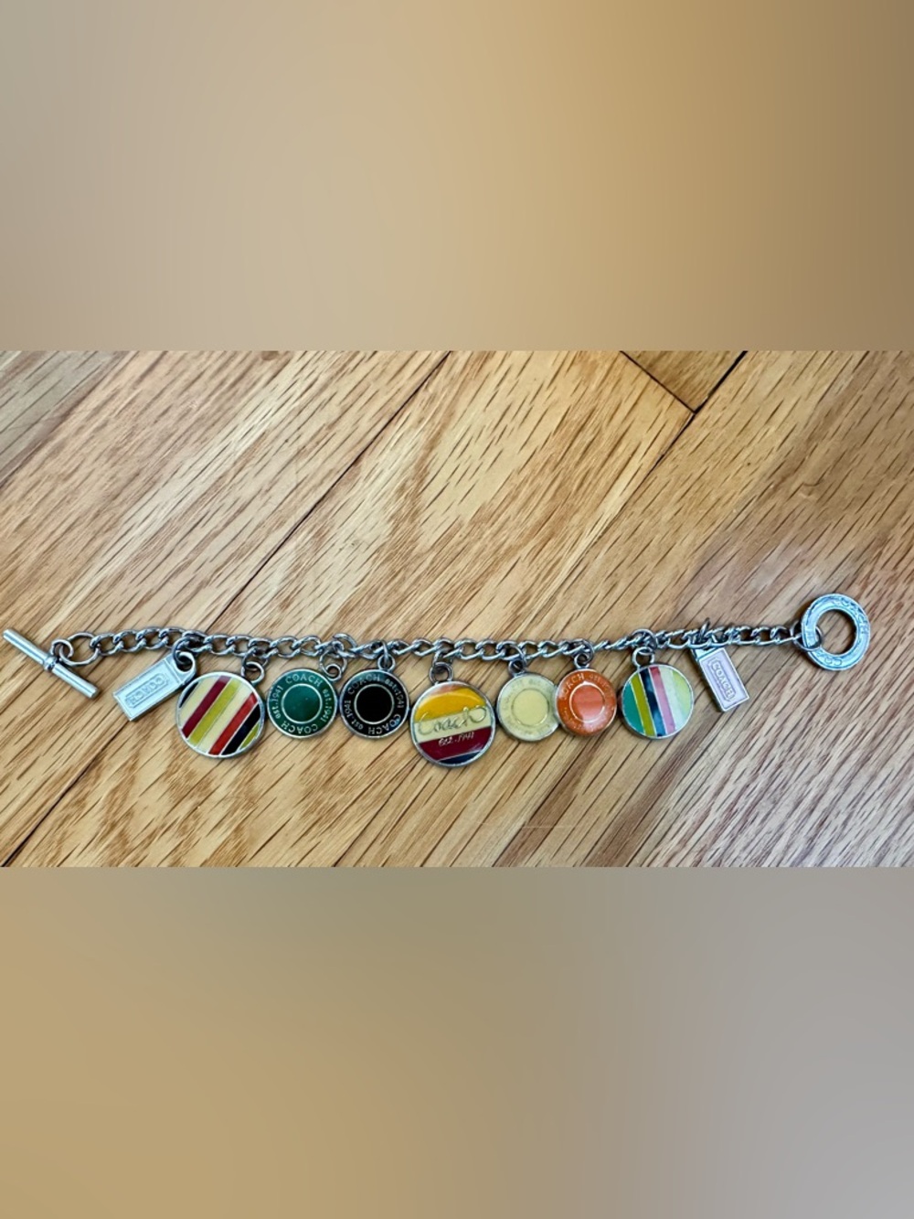 Coach Silver-Tone Charm Bracelet with Multicolor Enamel Discs VTG Y2K